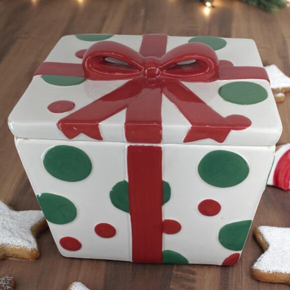 REAL HOME -- Christmas Cookie Jar, Gift Design, White, Green/Red Dots, Red Bow - Picture 1 of 10